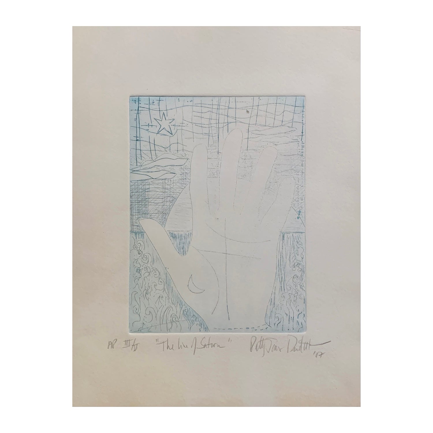 Original Etching Painting of a Palmistry Landscape in Blue, 13 x 10 inches, by Patty Pendleton