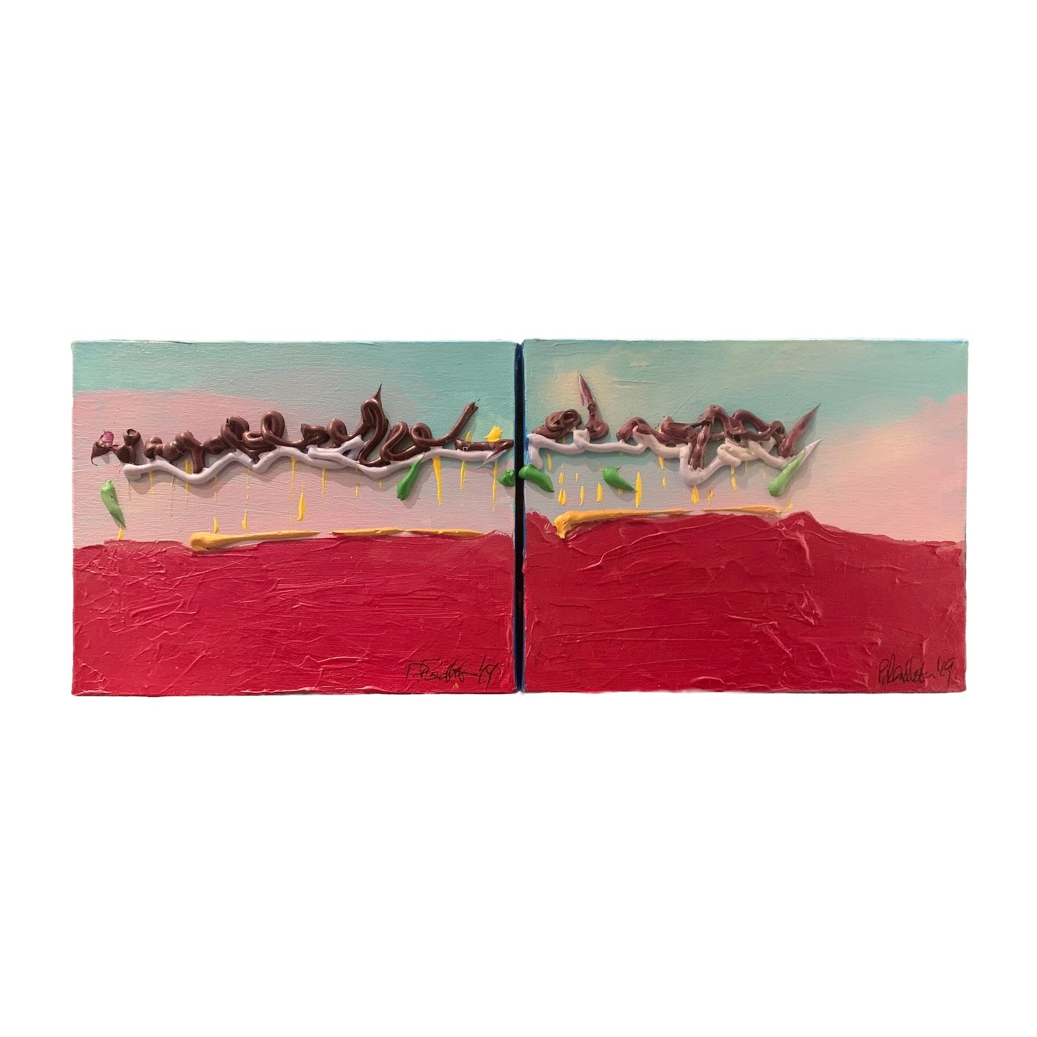 Original Acrylic Diptych Painting of a Cranberry Field Landscape, 8 x 20 inches, by Patty Pendleton